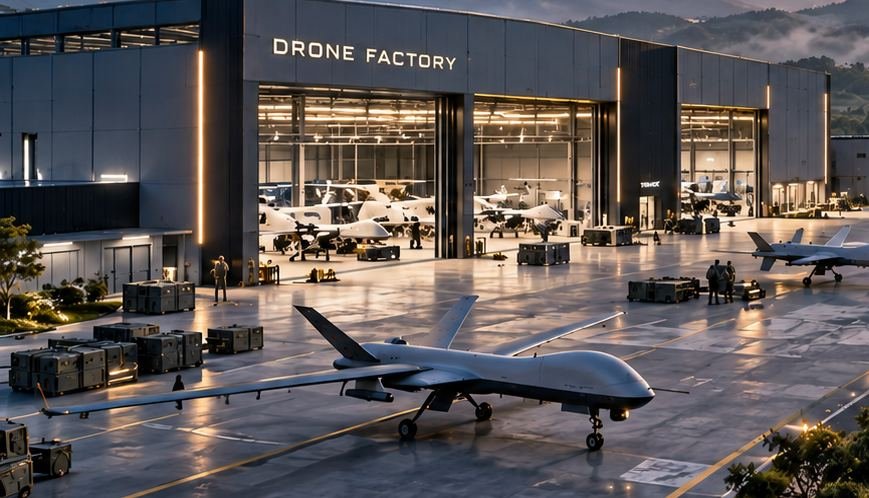 AAI Drone Factory hangar with fixed-wing unmanned aircraft on the apron